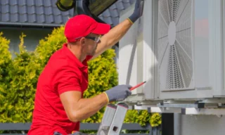 residential air conditioning maintenance technician at work